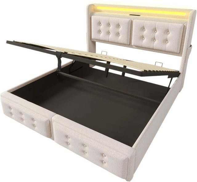 Merax Polsterbett mit LED-Unterbettbeleuchtung und USB-C Ladestation in Beige, B/T/H: 180 x 200 x 109 cm - Bild 1