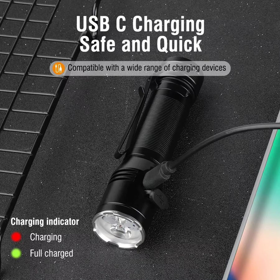 BORUiT ET20 Superhelle LED-Taschenlampe mit 2050 Lumen, wiederaufladbar via Typ C, wasserdichte 6-Modus Campinglaterne in Schwarz - Bild 4