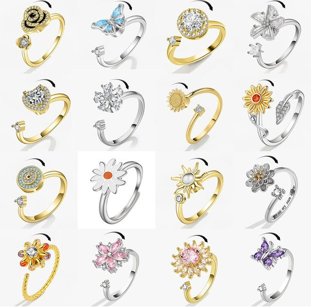 oly2u Fidget-Spinner-Ring, Schmetterling, Sonnenblume, Kristall, Silber, Damen - Bild 1