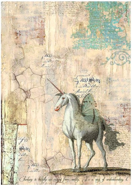 Stamperia Motiv-Strohseide Wonderland Unicorn in Multicolor, Format A4 - Bild 1
