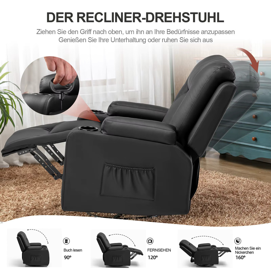 COMHOMA Relaxsessel mit Liegefunktion und Schaukelfunktion, Fernsehsessel in Schwarz aus PU-Leder und Stoff mit Getränkehaltern und Seitentaschen - Bild 3