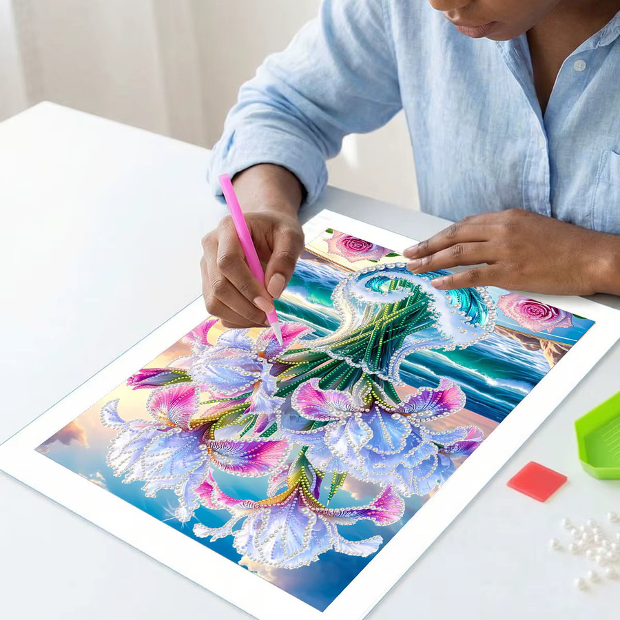HUACAN Diamant-Kunst DIY Set Iris-Blume und Meeres-Strand-Szenerie in Mehrfarbig mit Leinwand - Bild 2