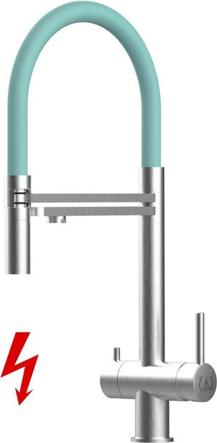 VIZIO Küchenarmatur aus Edelstahl mit 3-Wege-Niederdruck-Funktion, 360° schwenkbarem Auslauf und abnehmbarer 2-Strahl-Handbrause, Farbe: Türkis/Silber - Bild 1