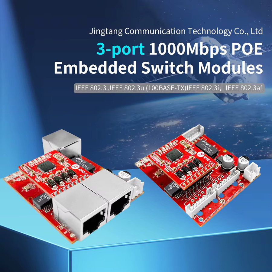 ONTi Mini 3-Port Gigabit PoE Ethernet Switch PCBA für eingebettete Module, 10/100/1000Mbps, 9-57V DC Weitbereichseingang, Rot - Bild 2