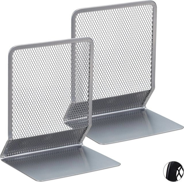 Relaxdays Buchstütze aus Metall in Silber, 2er Set mit Gitterstruktur, B/T/H: 16,5 x 13 x 10,5 cm - Bild 1