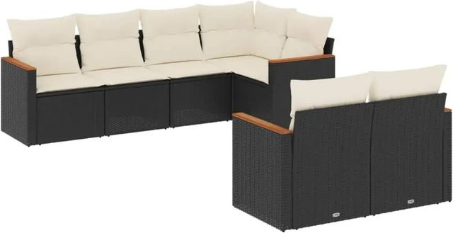 vidaXL 7-teilige Garten-Sofagarnitur in L-Form aus Poly-Rattan und Akazienholz mit Kissen in Schwarz und Cremeweiß - Bild 1