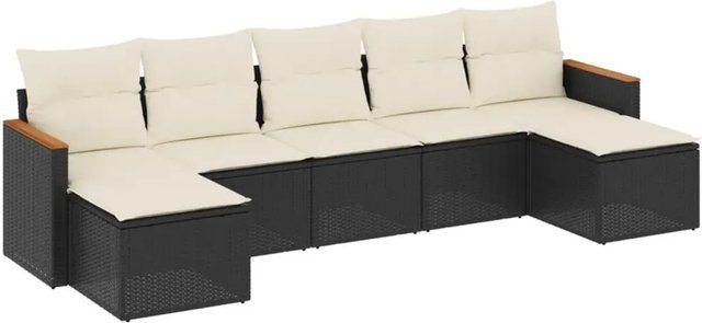vidaXL 7-tlg. Garten-Sofagarnitur in L-Form mit Polsterkissen, Schwarz, Poly-Rattan und Metallgestell - Bild 1
