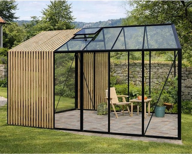 Bloomcabin Premium-Qualität Gewächshaus Accoya-Fusion GHCAF13 in Schwarz mit Sicherheitsglas, Aluminium und integriertem Belüftungssystem sowie Dachfenstern - Bild 1