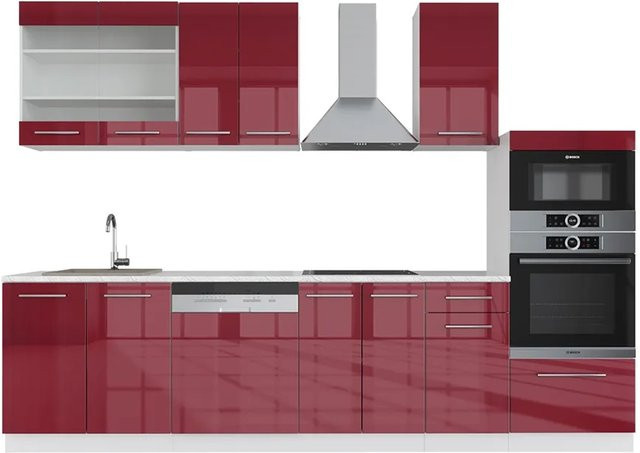 Vicco Fame-Line Küchenzeile Bordeaux Hochglanz und Weiß mit Hochschrank und Marmor-Optik, Breite: 300 cm - Bild 1