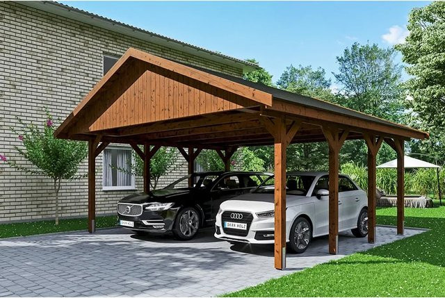 Satteldach-Carport Wallgau von SKANHOLZ in Nussbaum mit schwarzen Schindeln, B/T: 620 x 600 cm, Firsthöhe: 354 cm, braun lasiert - Bild 1