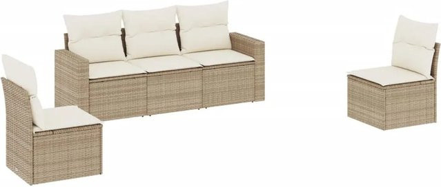 vidaXL 5-tlg. Garten-Sofagarnitur aus Polyrattan in Beige mit Kissen und Stauraum - Bild 1