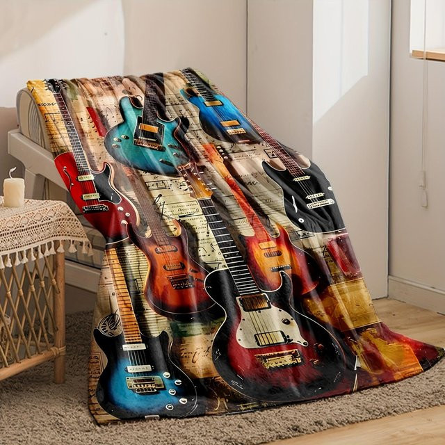 Flanell-Überwurfdecke mit Vintage Gitarren- und Notenmuster, weich und warm, B/B: 150 x 200 cm, Mehrfarbig - Bild 1