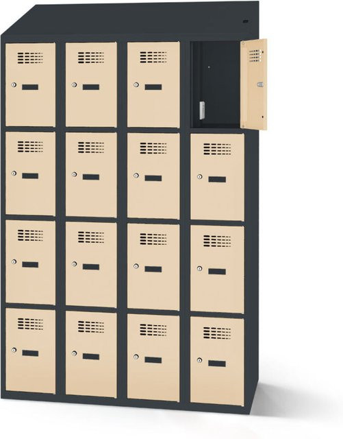 rotstahl Fächerschrank mit Ladefunktion und 16 Fächern in Elfenbein mit anthrazitgrauem Korpus, B: 120 cm, H: 200 cm - Bild 1