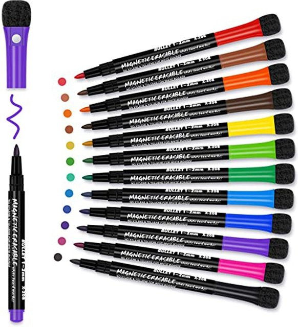 12er Set Whiteboard-Marker in Multicolour mit integriertem Radiergummi und Bullet-Spitze für Schule und Klassenzimmer - Bild 1