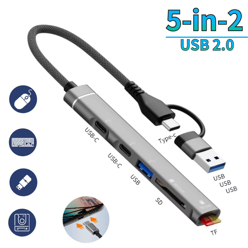 DIXSG USB-C-Hub 2.0 mit 5 Anschlüssen aus Aluminiumlegierung in Silber und Grau für Laptop, PC, MacBook Pro und Surface Pro - Bild 3