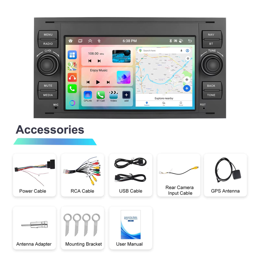 Podofo 7 Zoll Autoradio mit 6 GB RAM und 128 GB Speicher in Schwarz für Transit Fiesta Focus Galaxy Mondeo mit Carplay, Android Auto, WIFI und GPS-Navigation - Bild 5