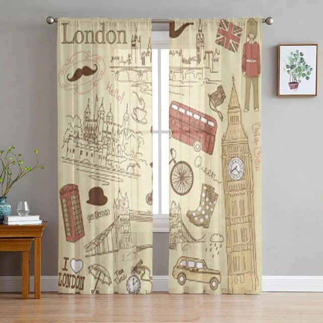 Vintage London Doodles Transparente Tüll-Vorhänge mit Grafikdesign, Farbe: Transparent/Beige, B: 135 cm, H: 137 cm - Bild 1