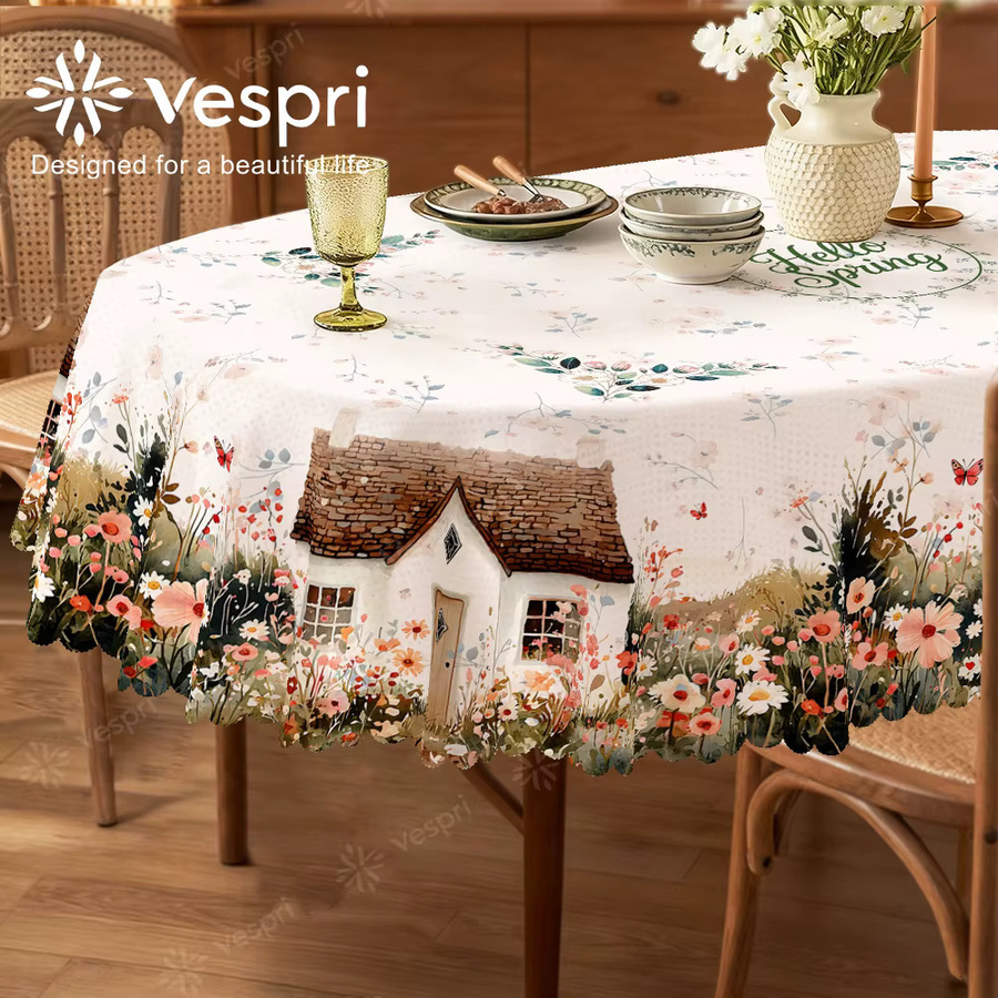 Vespri Tischdecke Rund mit Blumenmuster und Schmetterlingen in Pastellfarben aus Polyester für Frühling, Ostern, Hochzeiten und Partys - Bild 2
