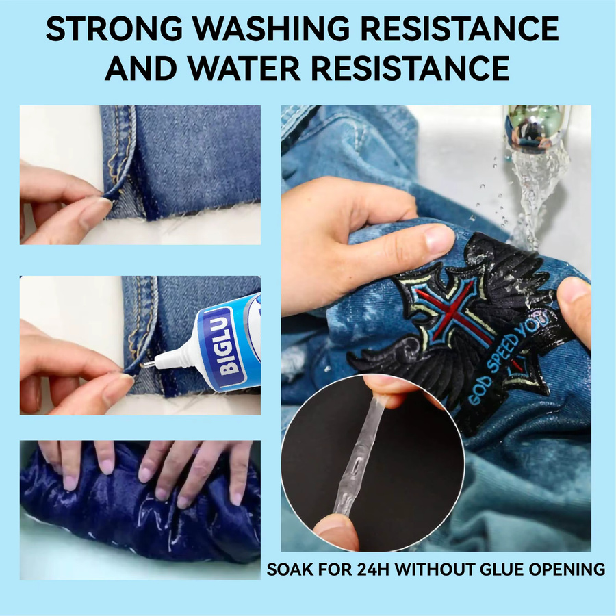 BIGLU Stoffkleber transparent, 50 ml, wasserfester Lederkleber und schnell trocknender Flickenkleber für vielseitige Anwendungen - Bild 2