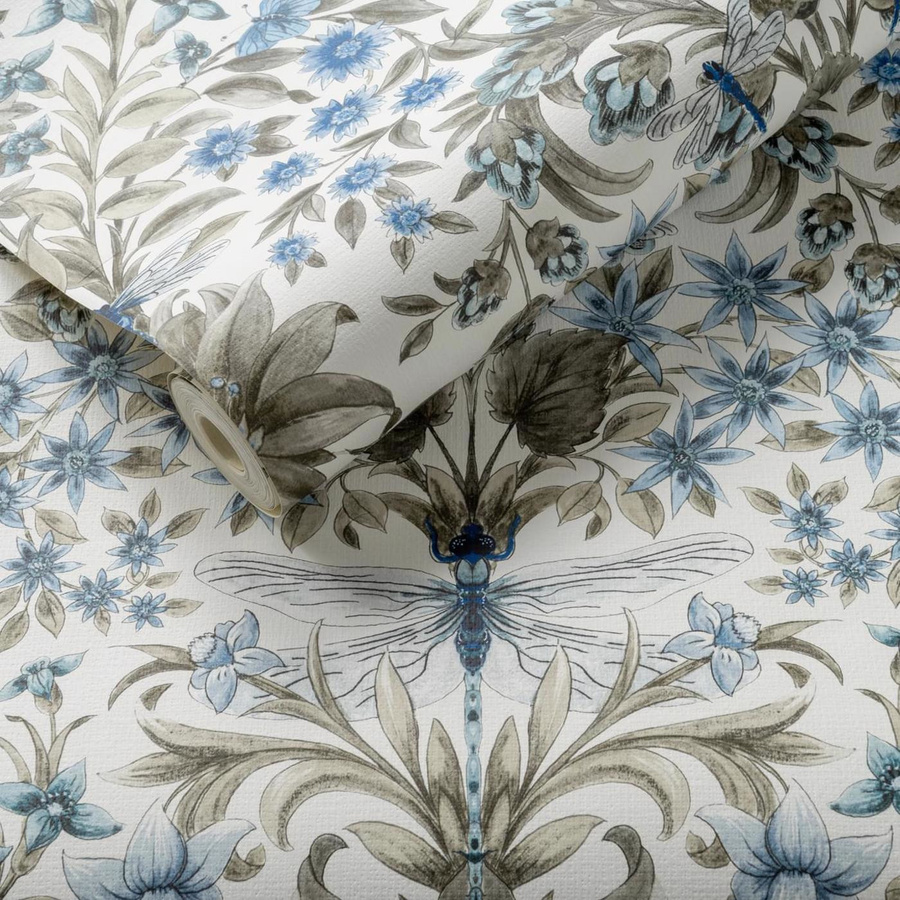 Clarke & Clarke Tapete Mirabell Denim in Blau und Grau mit floralem Vintage-Muster und botanischen Elementen aus Vlies - Bild 1