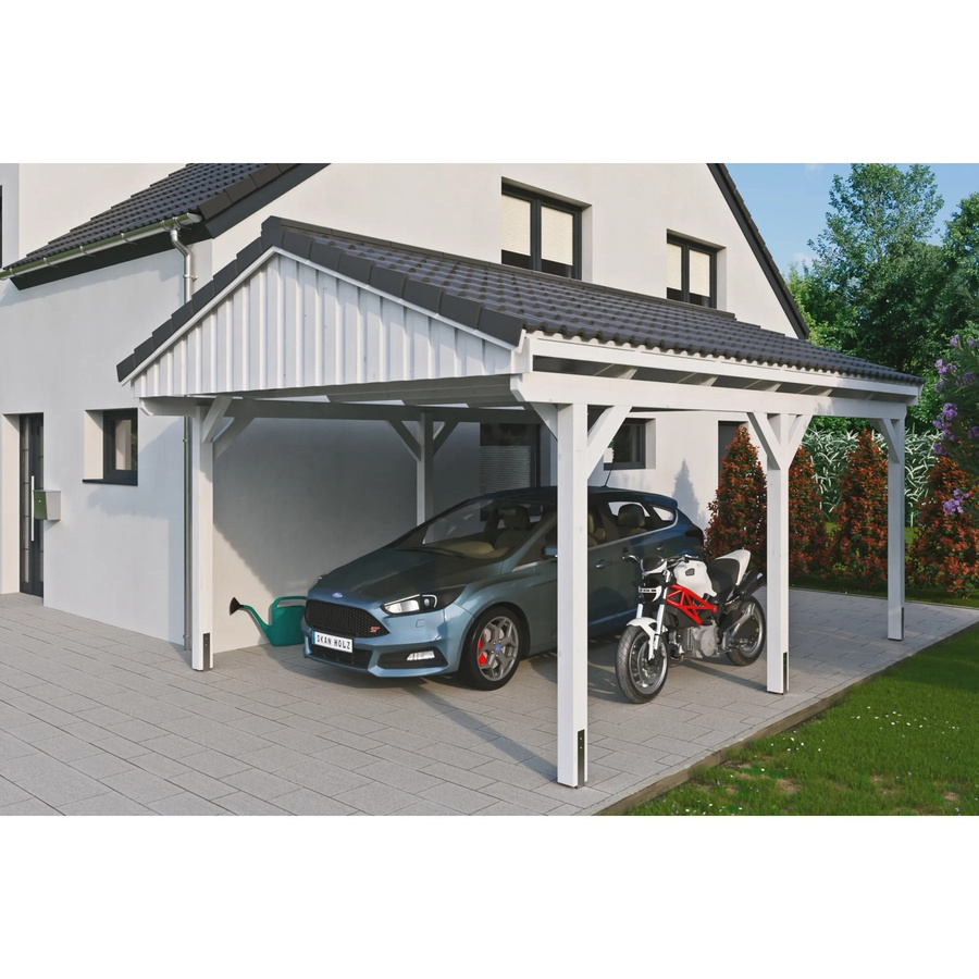 Skan Holz Carport Fichtelberg aus Fichte Leimholz in Weiß mit spitzer Dachform B/T: 423 x 566 cm, Höhe: 326 cm - Bild 2