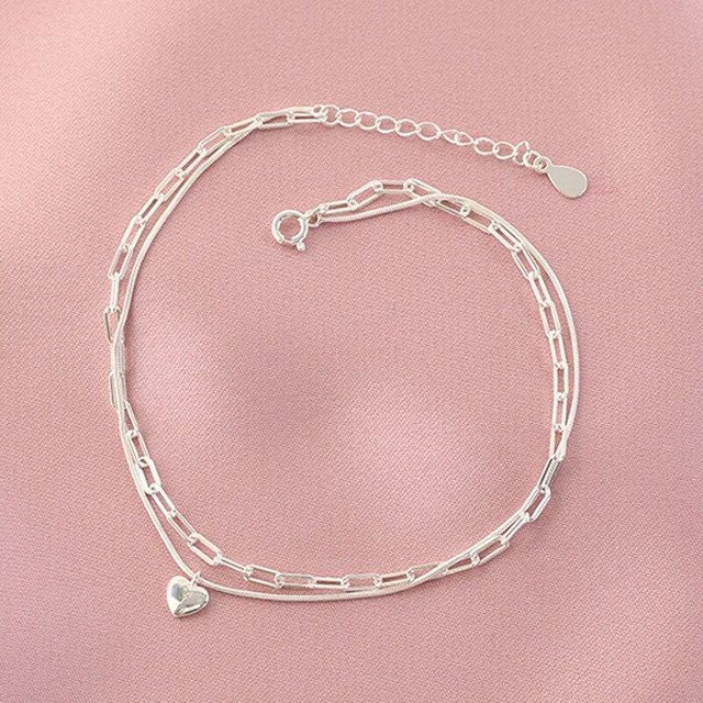 Armband 925 Sterling Silber, Doppellagige Gliederkette, Herzanhänger, Damen - Bild 1