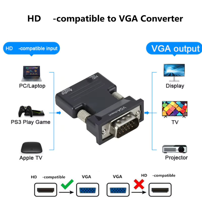 HDMI auf VGA Adapter mit Audio in Schwarz für 1080P HD Konvertierung von PC, Laptop, PS4 und TV Box zu Projektor oder Display - Bild 3