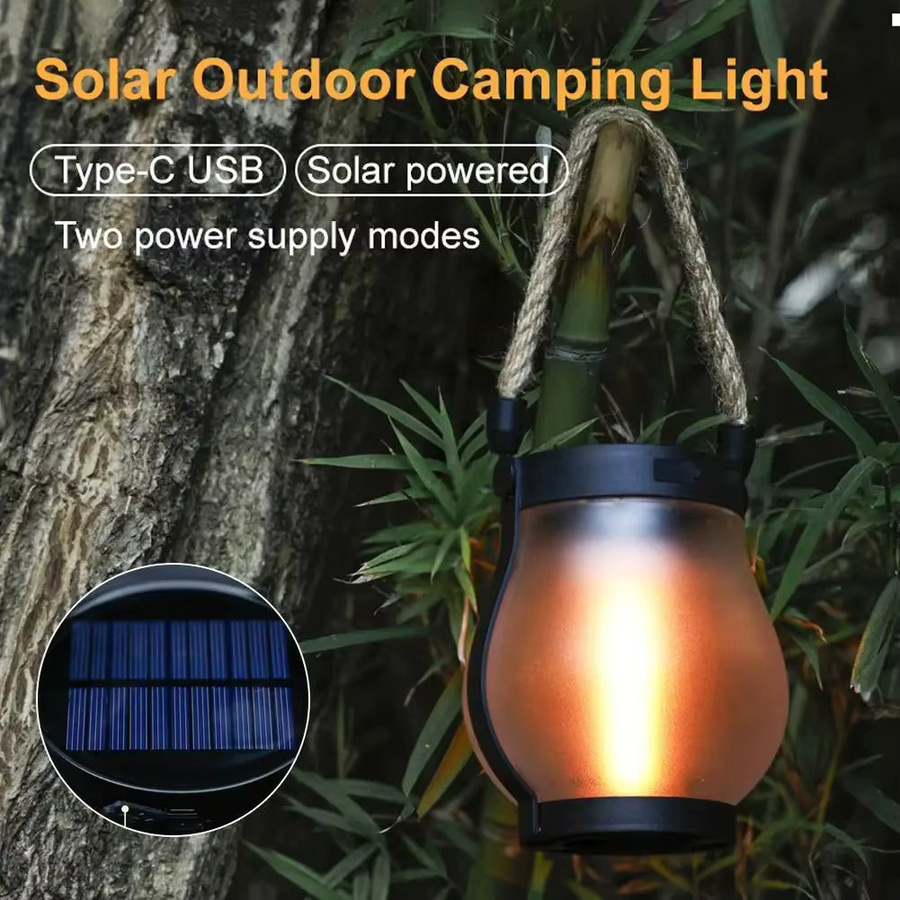 USB wiederaufladbare Campingleuchte mit Solar-Flammenlicht, 800 Lumen, IPX4 wasserdicht, schwarze Hängelaterne mit 1200 mAh Akku und warmweißem Licht - Bild 3