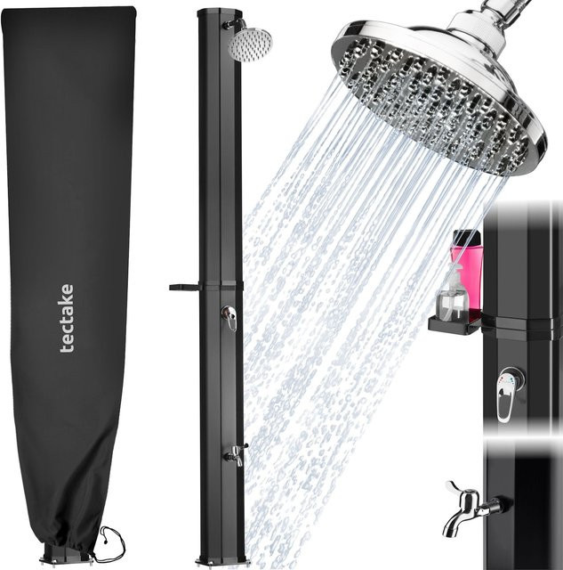 tectake Solardusche Ofanto Schwarz, 35 Liter, mit Seifenablage, Regenduschkopf mit Kugelgelenk, extra Wasserhahn und Schutzhülle, H x B x T: 217 x 44,5 x 18 cm - Bild 1