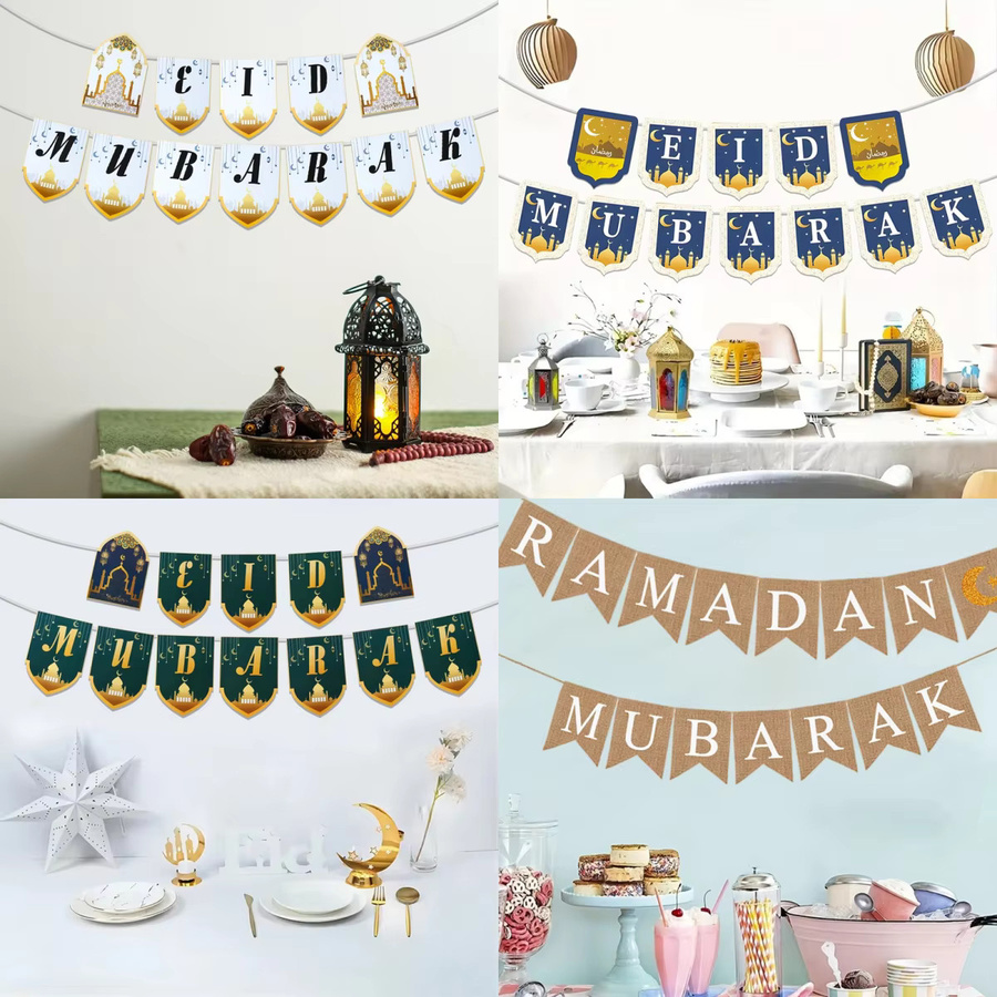 Huiran EID Mubarak Papierbanner-Girlande für Ramadan Kareem und islamische Feierlichkeiten als orientalische Wimpelkette zur Heimdekoration - Bild 1
