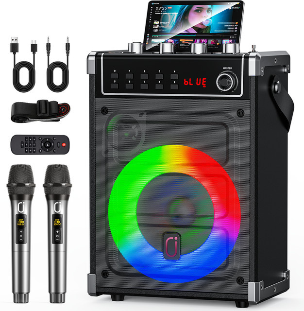 FanFun Karaoke-Maschine in Schwarz mit 2 UHF-Funkmikrofonen, Bluetooth-Lautsprecher mit Bass- und Höhenregelung sowie LED-Licht und PA-System - Bild 1