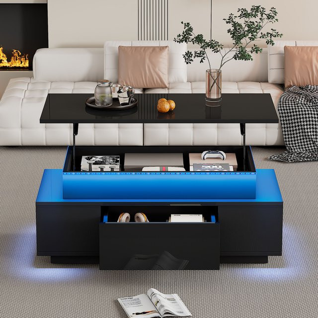 KOMHTOM Höhenverstellbarer Couchtisch in Schwarz mit Hochglanz-Finish, LED-Beleuchtung und verstecktem Stauraum inklusive Schublade - Bild 1