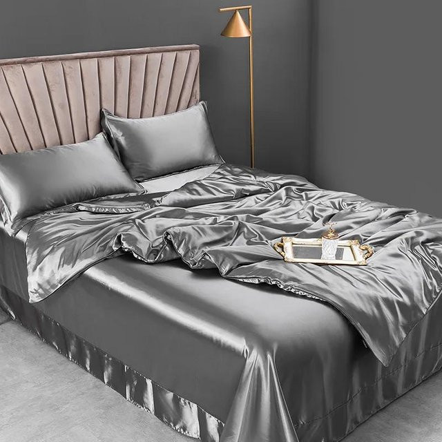 Bin Chi Textiles 4-teiliges Bettwäsche-Set aus 100 % reiner Seide in Grau und Silber, bestehend aus Bettbezug, Kissenbezügen und Bettlaken - Bild 1