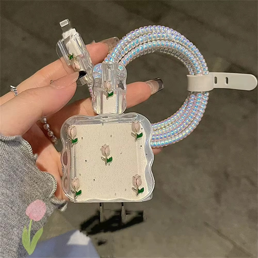 3D-Metall-Tulpe USB-Kabel-Organizer und Ladegerät-Schutzhülle mit Glitzer für iPhone-Adapter - Bild 3