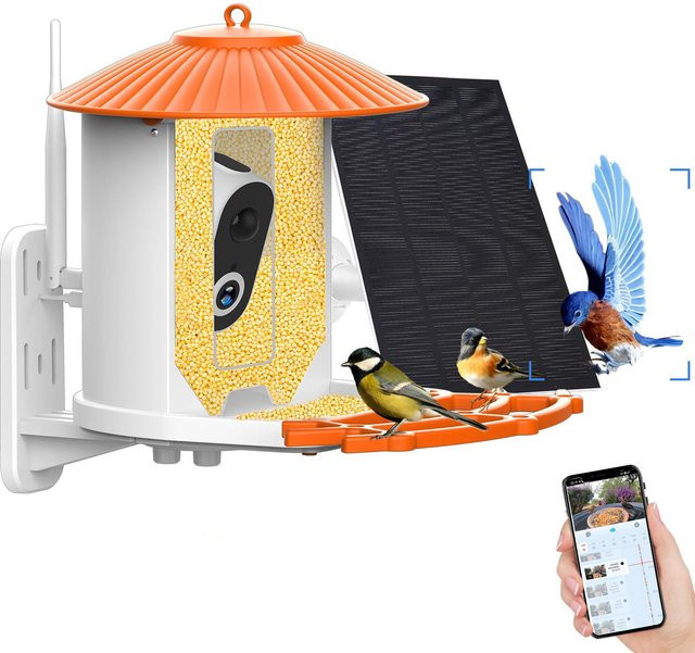 Intelligente Vogelfutterhaus-Kamera mit 1080P HD, Farb-Nachtsicht und KI-Vogelarten-Identifikation in Orange - Bild 1