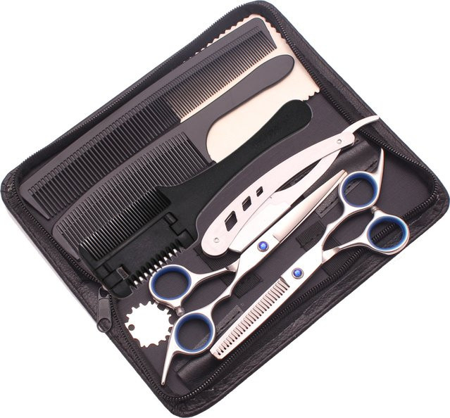 Friseurschere-Set mit Kamm und Rasiermesser, 8 Stück, Edelstahl, Unisex - Bild 1