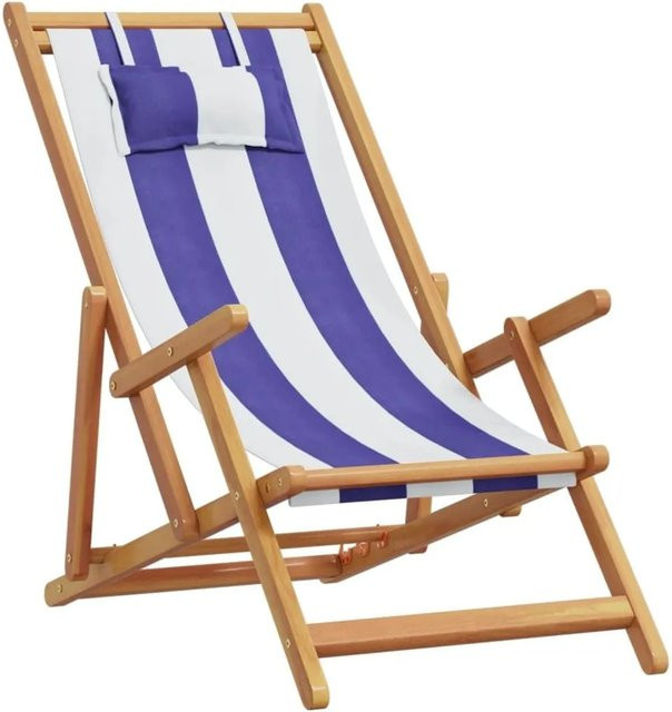 vidaXL Strandstuhl klappbar aus Eukalyptus-Massivholz und Stoff in Blau Weiß Beige mit Armlehnen - Bild 1