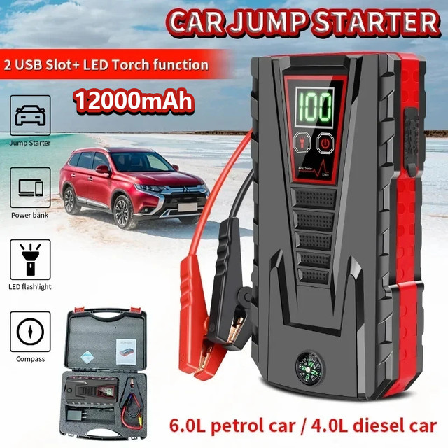 OWJHE Tragbares Auto-Starthilfe Gerät mit 12000mAh Kapazität und 5000A Spitzenstrom, 12V Powerbank-Ladegerät für Benzin- und Dieselfahrzeuge, Schwarz - Bild 1