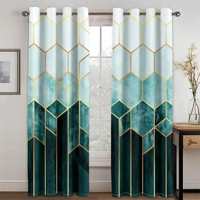 Yiran Furniture Set aus 2 semi-transparenten Fenstervorhängen mit abstraktem geometrischem Ombre-Design in Grün und Gold, Material Polyester, inklusive Haken, Breite: 160 cm, Höhe: 184 cm - Bild 1