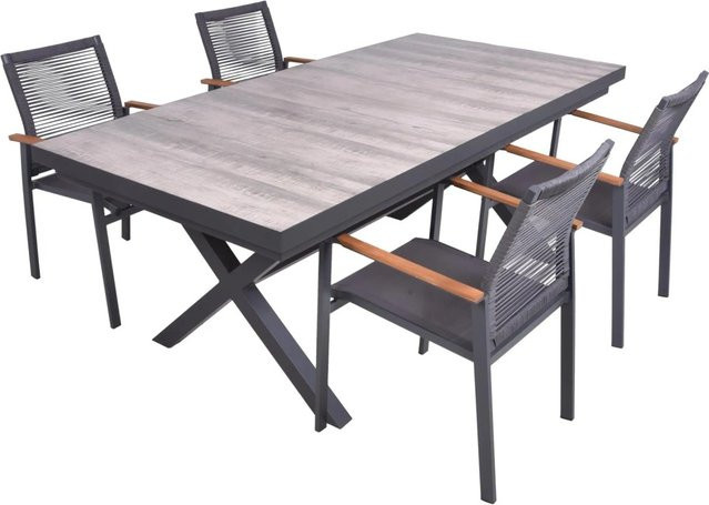 DELUKE Garten-Sitzgruppe JANA 5-teilig aus Aluminium in Grau mit Esstisch und Stapelstühlen - Bild 1