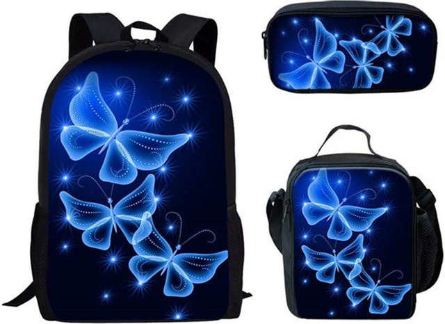 Schulranzen-Set für Mädchen mit 3D-Schmetterlings-Design inklusive Laptop-Rucksack, Brotdose und Federmäppchen in Blau und Mehrfarbig - Bild 1