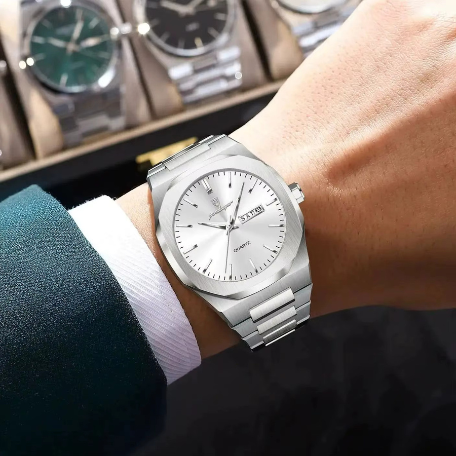 POEDAGAR Armbanduhr Edelstahl, Quarz, Silber, Herren, Datum, Wochentag - Bild 5