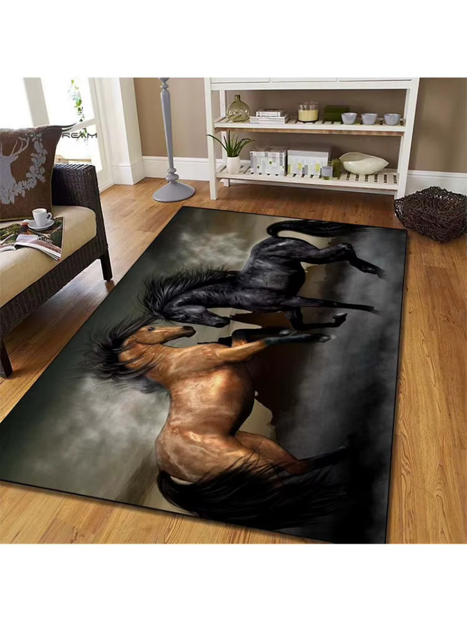 VIKAMA Teppich mit Kampfenden-Pferdemotiv in Schwarz und Braun, rutschfeste und waschbare Wildtier-Bodenmatte für Wohnzimmer und Schlafzimmer, B: 120 cm, T: 80 cm - Bild 3