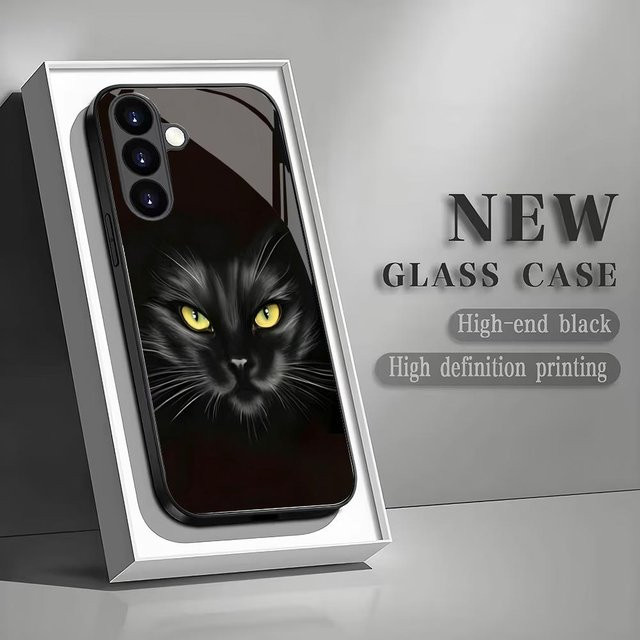Schwarze Glas-Handyhülle mit Katzenmotiv für Samsung Galaxy S26 S25 S24 S23 S22 FE Ultra Plus sturzsichere Rückabdeckung - Bild 1