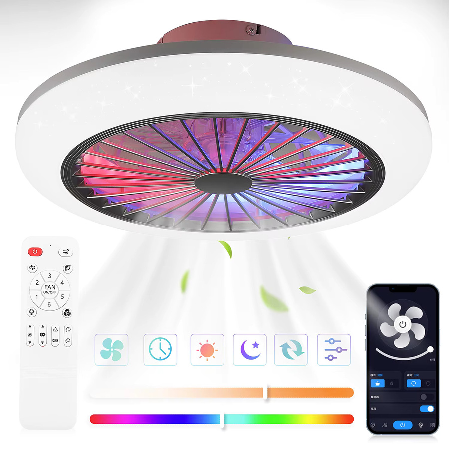 Oyajia Deckenventilator mit LED-Licht und RGB-Farbwechsel, 50W, dimmbar, 6 Geschwindigkeitsstufen und Timer für Wohnzimmer und Schlafzimmer - Bild 6