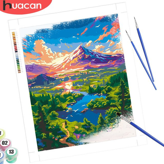 HUACAN Malen nach Zahlen Set mit Berglandschaft und See auf Leinwand, Mehrfarbig - Bild 1