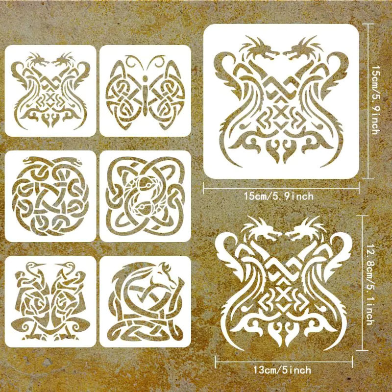6er Set keltische Tierknoten Malvorlagen aus Kunststoff mit Drache, Schmetterling, Fisch, Kranich und Pferd, B/B: 15 x 15 cm - Bild 2
