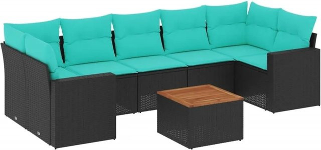 vidaXL 8-teilige Garten-Sofagarnitur aus Poly-Rattan und Akazienholz in Schwarz mit blauen Kissen - Bild 1