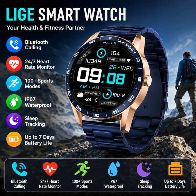 LIGE Smartwatch für Herren mit 1,38 Zoll HD-Display, Bluetooth-Anruf, Gesundheitsmonitor, Sport-Pedometer und IP68 wasserdicht, Farbe: Schwarz - Bild 1