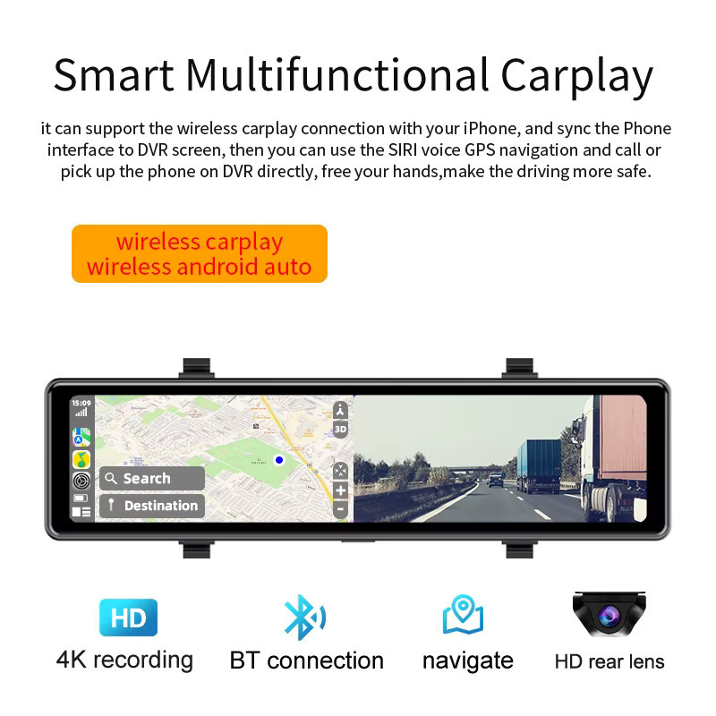 Acceo 4K Dashcam Rückspiegel mit Android Auto und Wireless CarPlay, Schwarz, inklusive WLAN und 1080P Rückfahrkamera - Bild 4